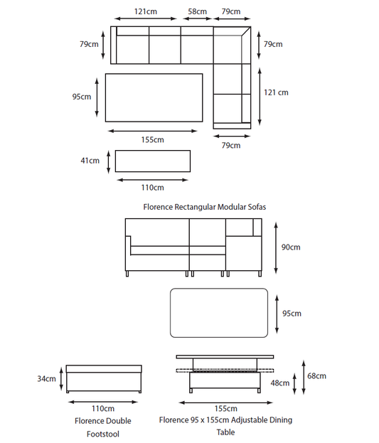 Florence Rectangular Modular Dining Set with Adjustable Table