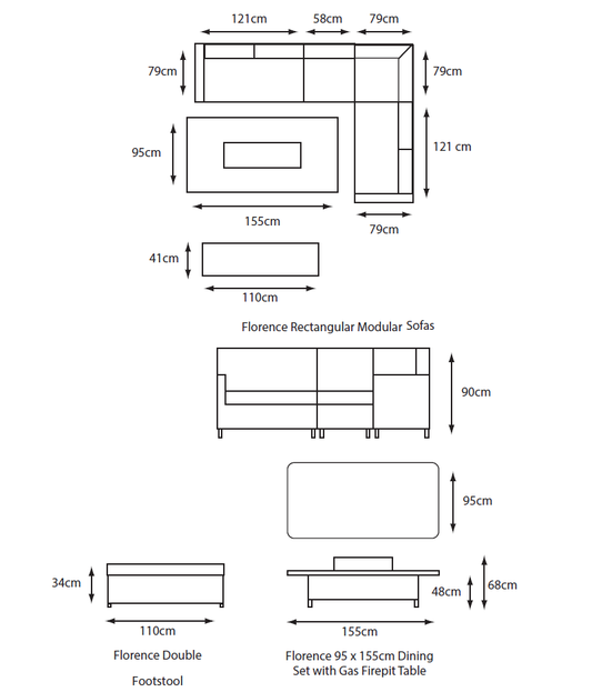 Florence Rectangular Modular Dining Set with Gas Firepit Table