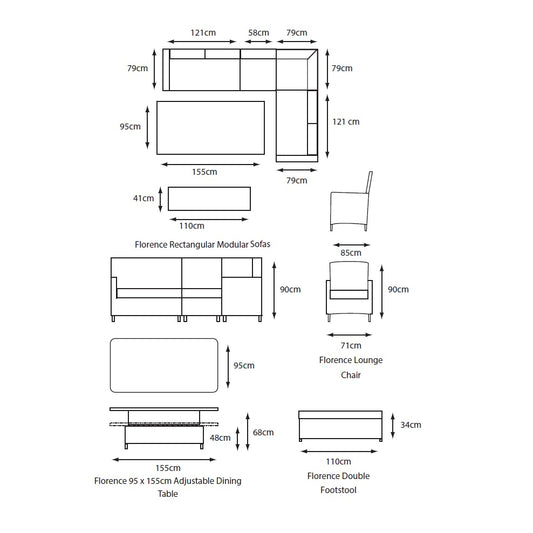 Florence Rectangular Modular Dining Set with Lounge Chair and Adjustable Table