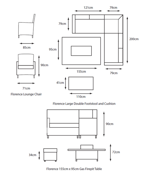 Florence Rectangular Modular Dining Set with Lounge Chair and Gas Firepit Table