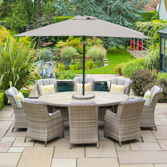 Florence 8 Seat Oval Dining Set with Weave Lazy Susan and Deluxe 2.0 x 3.0m Parasol