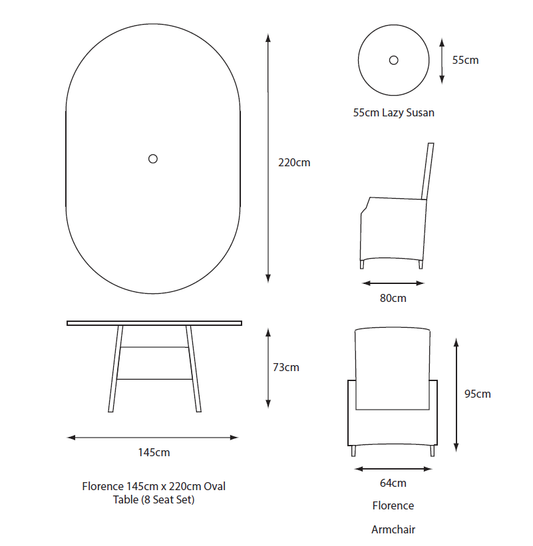 Florence 8 Seat Oval Dining Set with Weave Lazy Susan and Deluxe 2.0 x 3.0m Parasol
