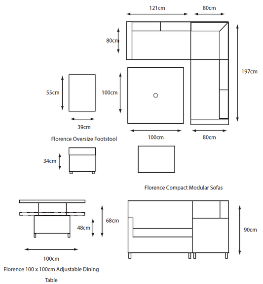 Florence Compact Modular Dining Set with Adjustable Table