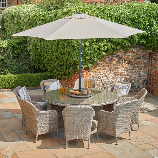 Monte Carlo Sand 8 Seat Dining Set with Weave Lazy Susan and 3.0m Parasol