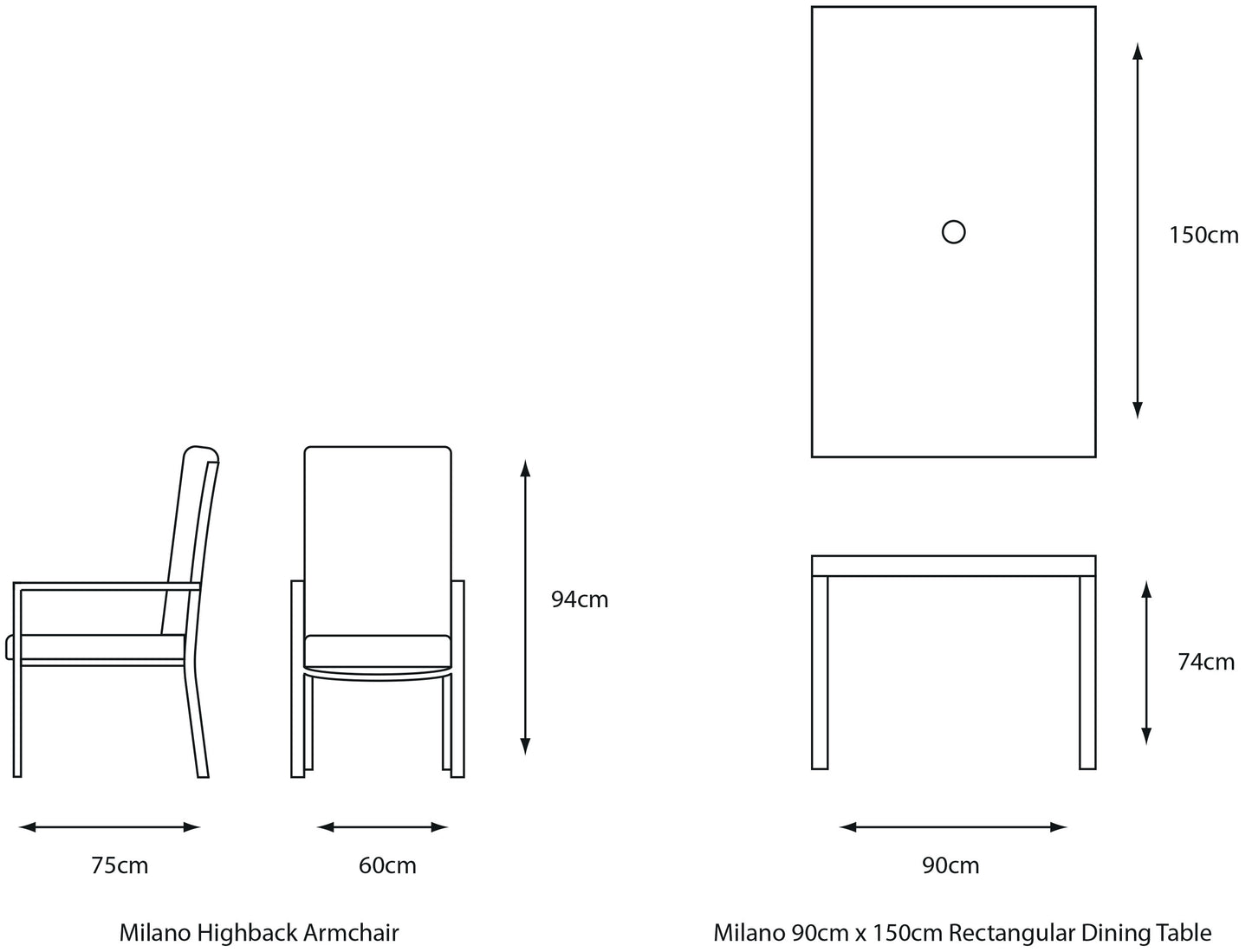 Milano 6 Seat Set with Highback Armchairs and 3.0m Parasol