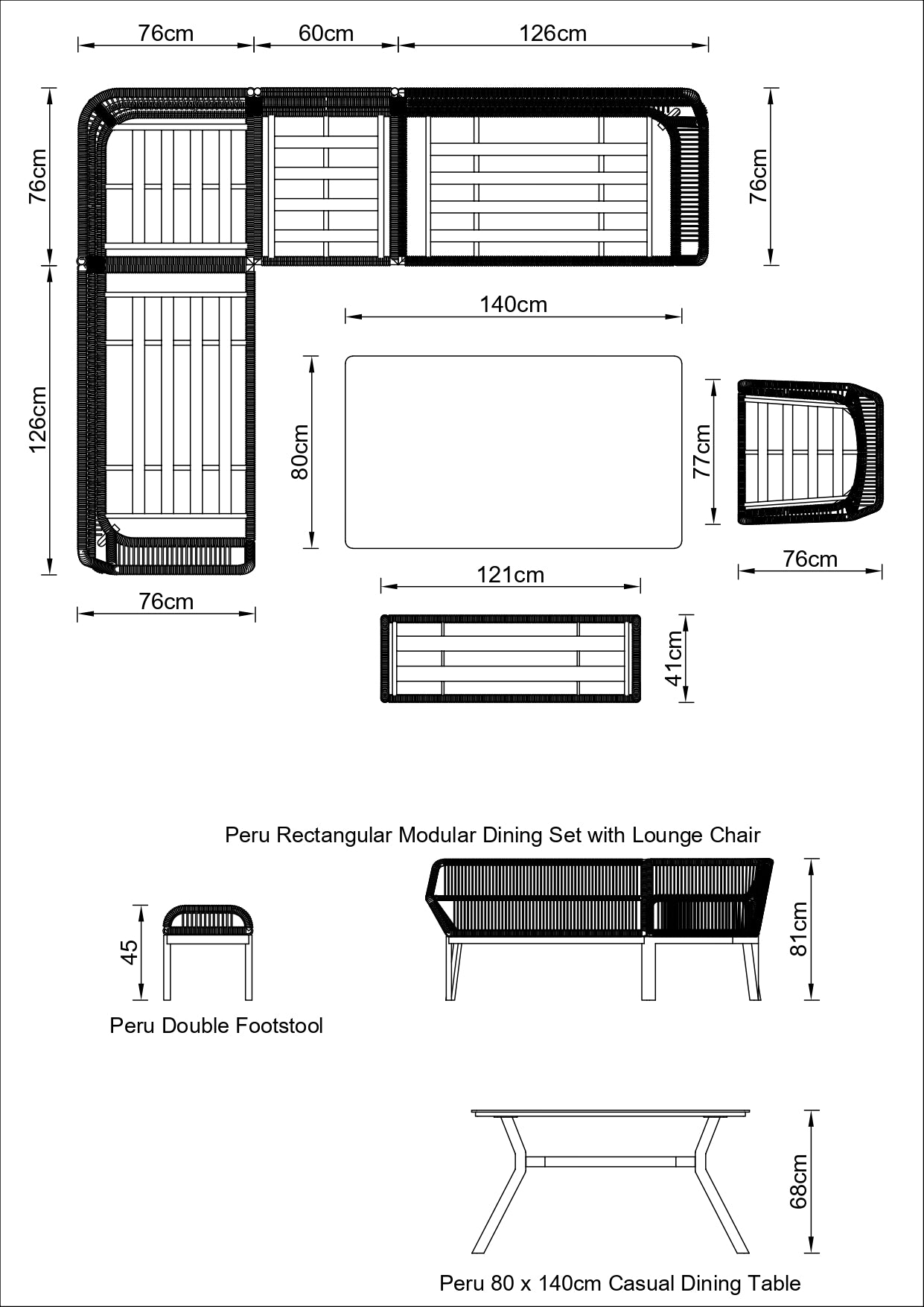 Peru Rectangular Modular Dining Set with Lounge Chair
