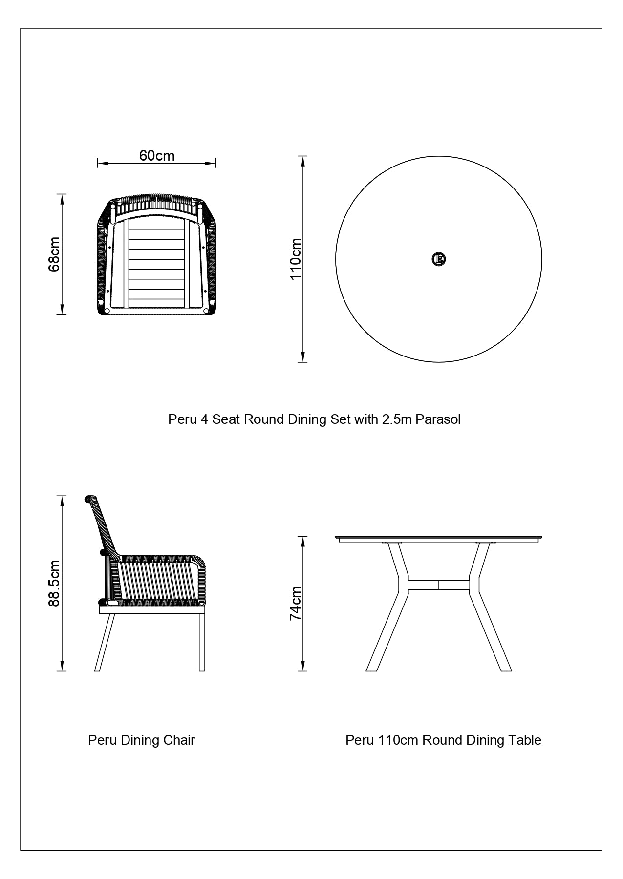 Peru 4 Seat Round Dining Set with 2.5m Parasol