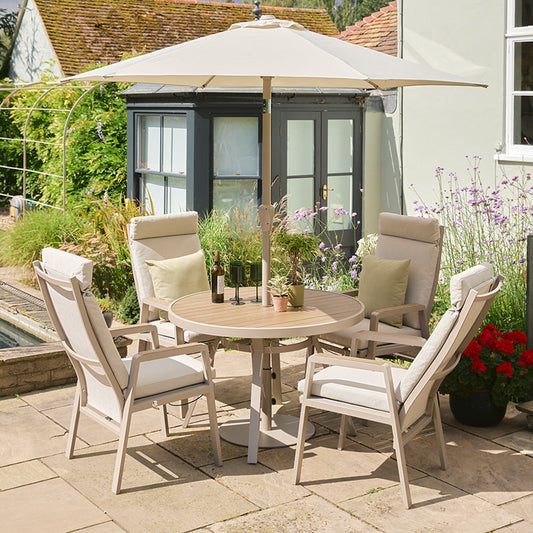 Sorrento 4 Seat Dining Set with Recliner Chairs and Deluxe 2.5m Parasol