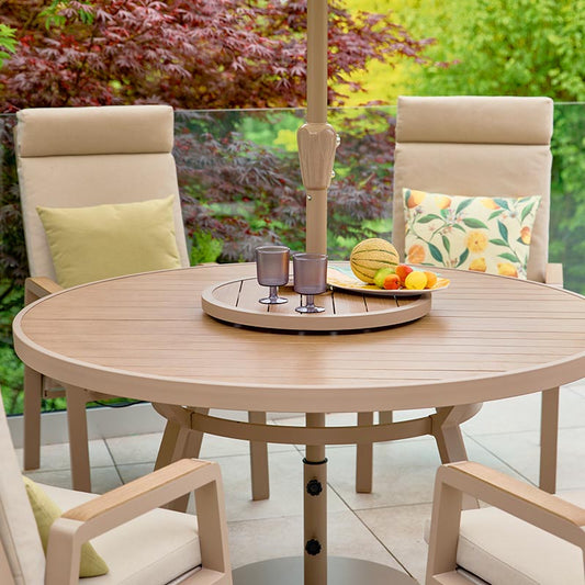 Sorrento 6 Seat Dining Set with Lazy Susan, Recliner Chairs and Deluxe 3.0m Parasol