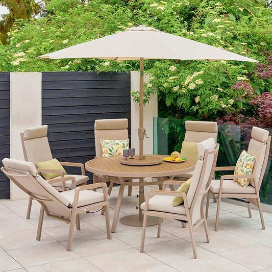 Sorrento 6 Seat Dining Set with Lazy Susan, Recliner Chairs and Deluxe 3.0m Parasol