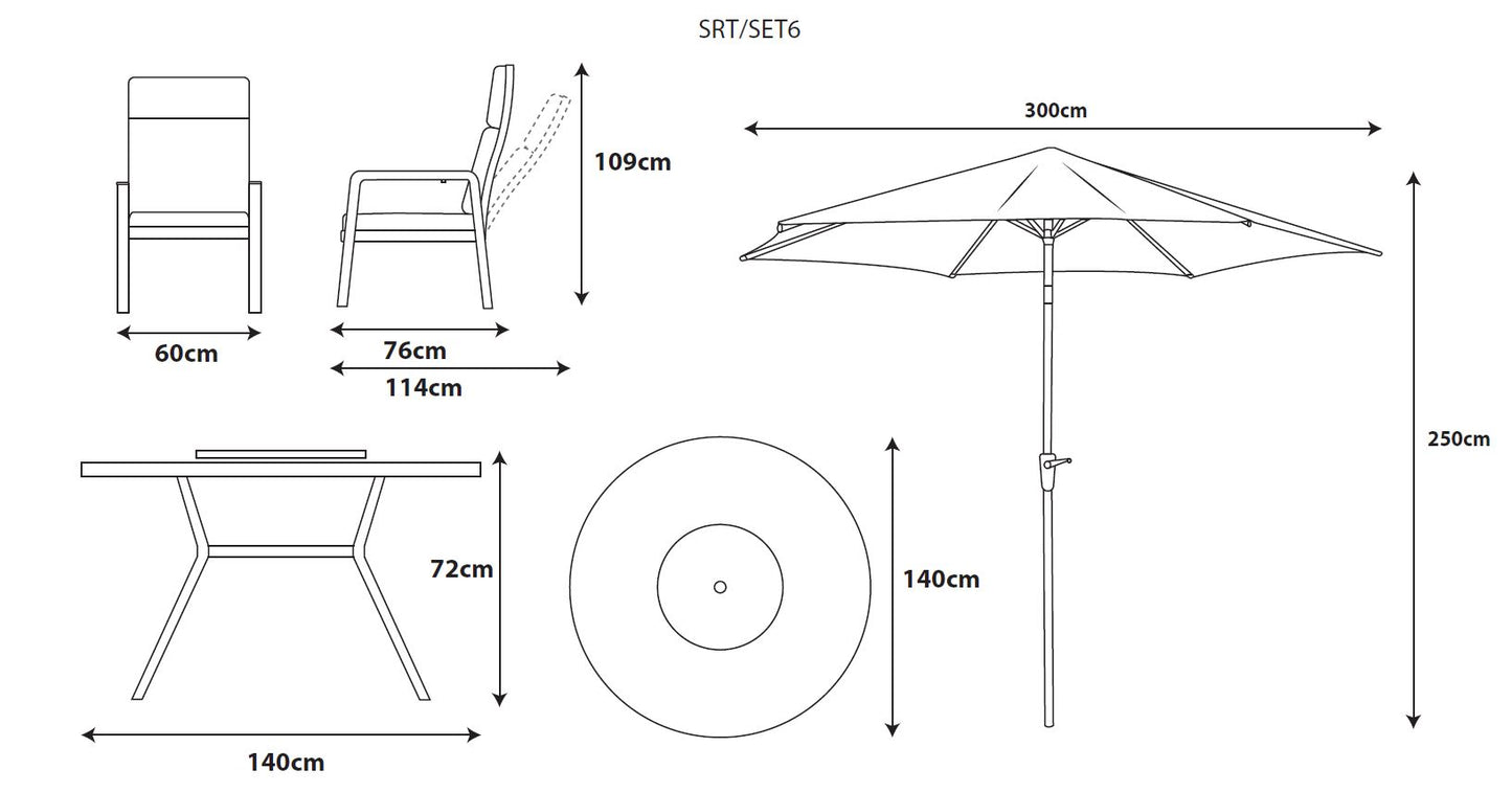 Sorrento 6 Seat Dining Set with Lazy Susan, Recliner Chairs and Deluxe 3.0m Parasol