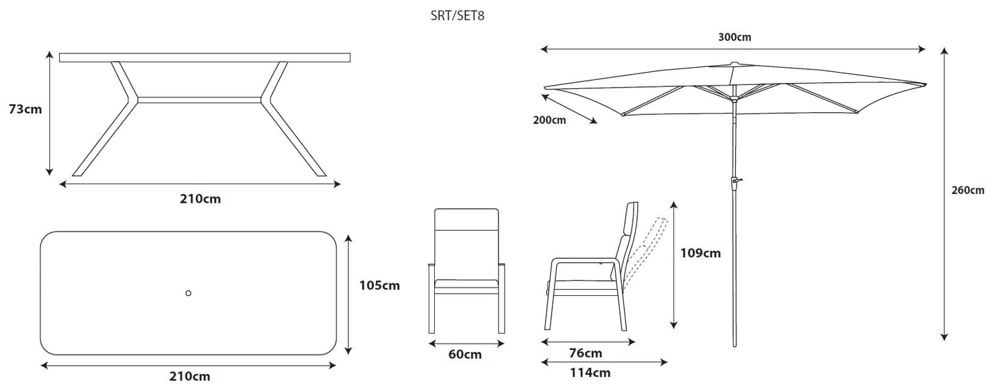 Sorrento 8 Seat Dining Set with Recliner Chairs and Deluxe 2.0 x 3.0m Parasol