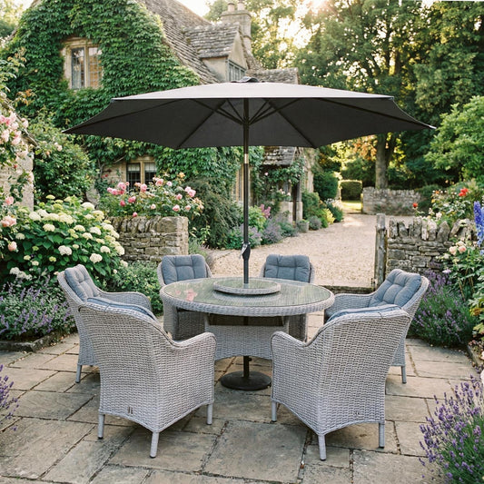 Oslo 6 Seat Dining Set with Weave Lazy Susan and Deluxe 3.0m Parasol