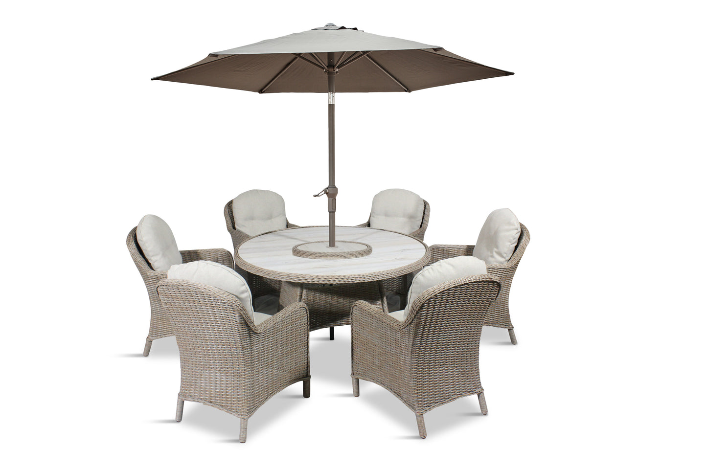 Bergen 6 Seat Dining Set with Weave Lazy Susan and Deluxe 3.0m Parasol
