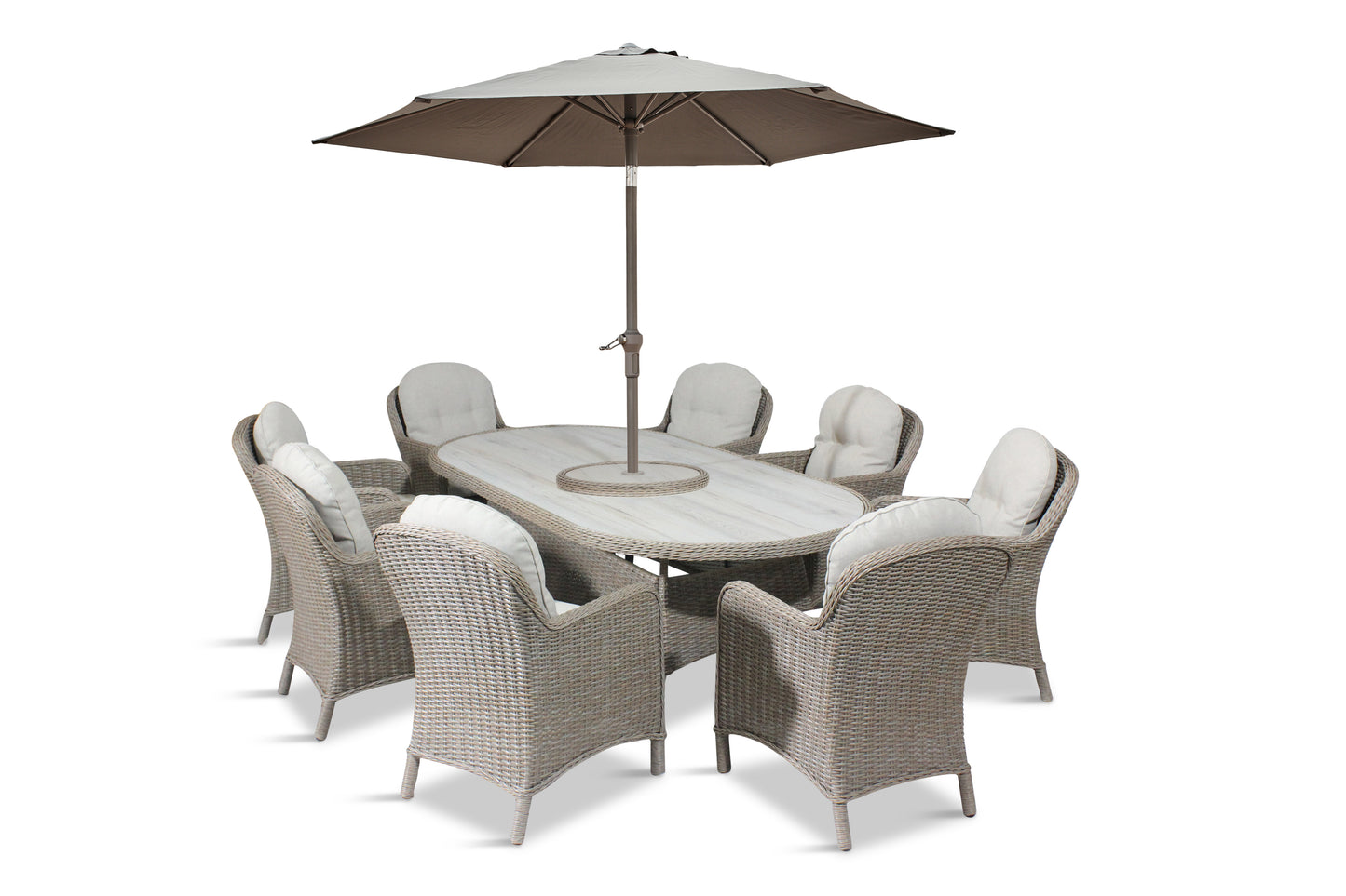 Bergen 8 Seat Oval Dining Set with Weave Lazy Susan and Deluxe 2.0 x 3.0m Parasol