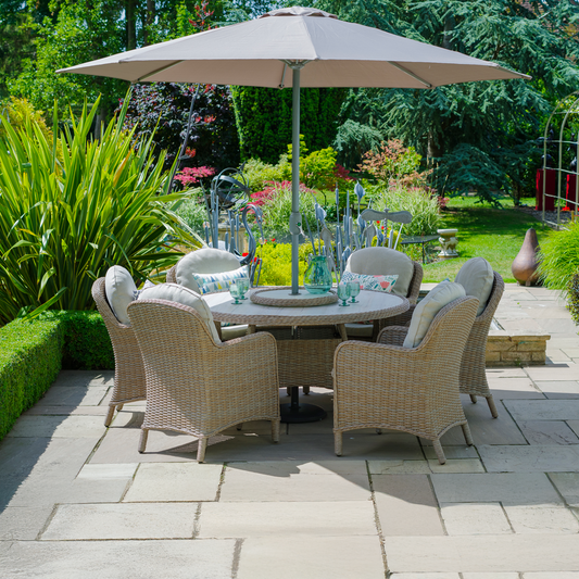 Bergen 6 Seat Dining Set with Weave Lazy Susan and Deluxe 3.0m Parasol