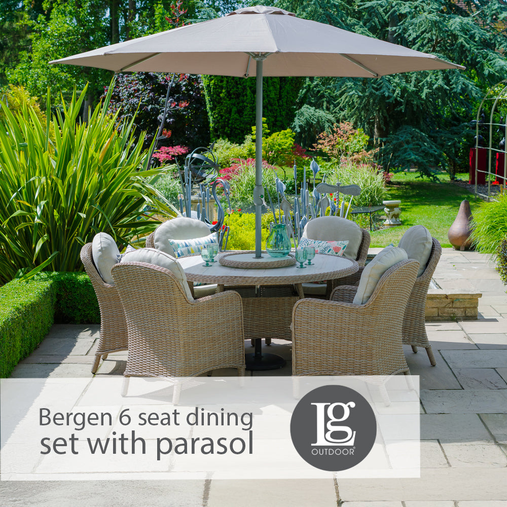 Bergen 6 Seat Dining Set with Weave Lazy Susan and Deluxe 3.0m Parasol