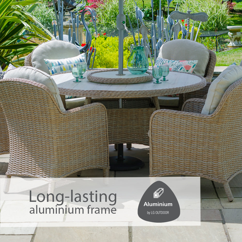 Bergen 6 Seat Dining Set with Weave Lazy Susan and Deluxe 3.0m Parasol