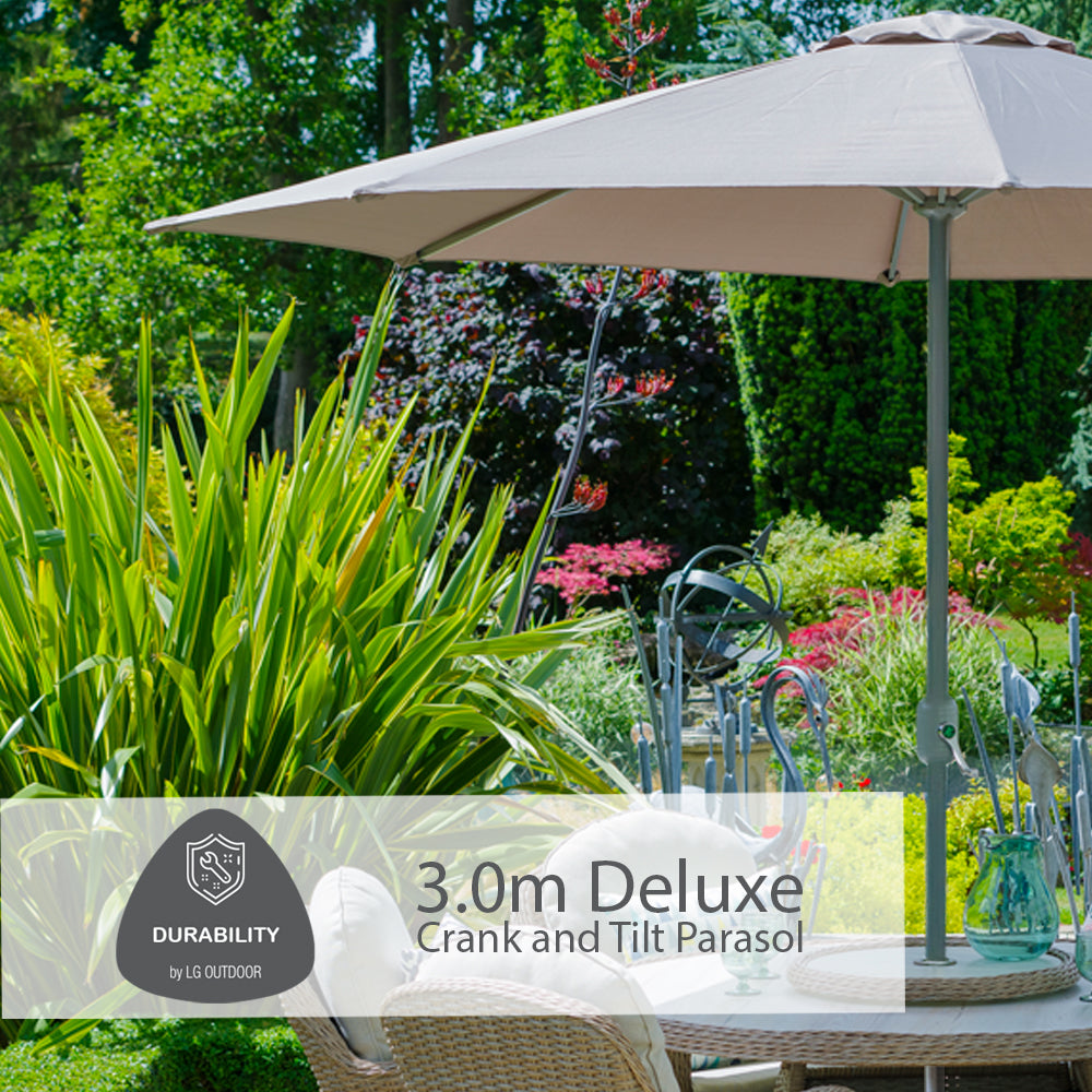 Bergen 6 Seat Dining Set with Weave Lazy Susan and Deluxe 3.0m Parasol