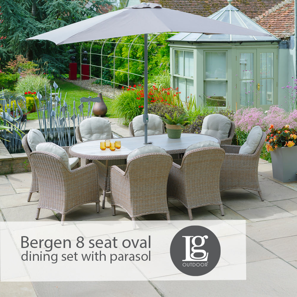 Bergen 8 Seat Oval Dining Set with Weave Lazy Susan and Deluxe 2.0 x 3.0m Parasol