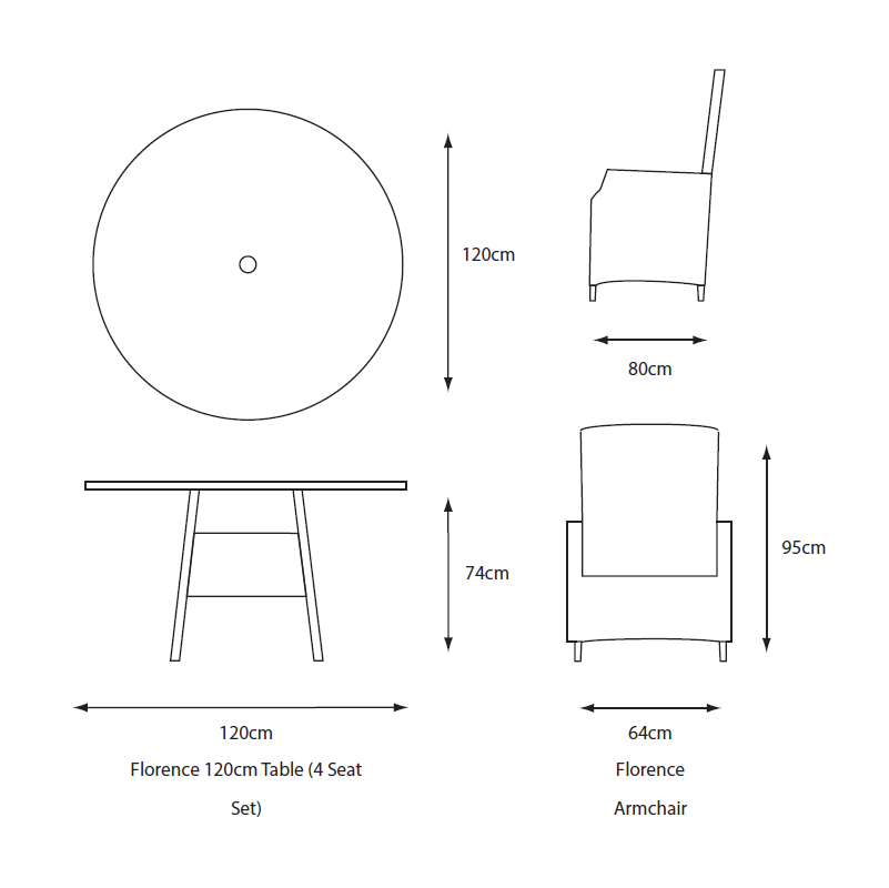 Florence 4 Seat Dining Set with Deluxe 2.5m Parasol