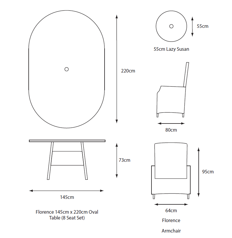 Florence 8 Seat Oval Dining Set with Weave Lazy Susan and Deluxe 2.0 x 3.0m Parasol