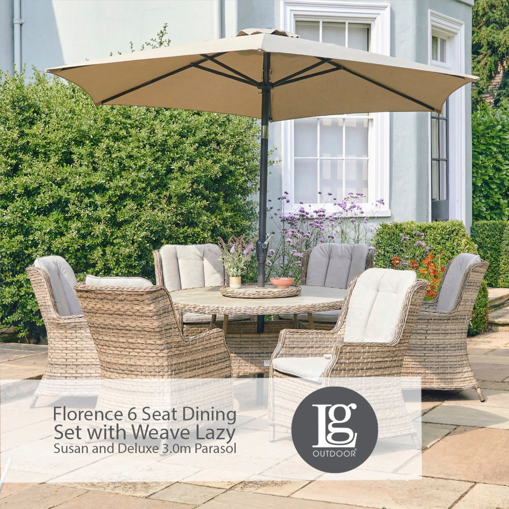 Florence 6 Seat Dining Set with Weave Lazy Susan and Deluxe 3.0m Parasol
