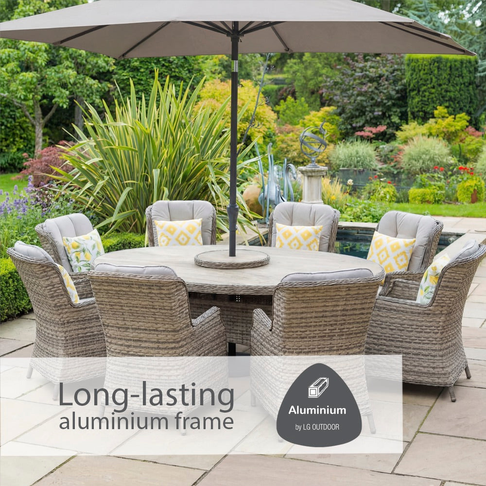 Florence 8 Seat Oval Dining Set with Weave Lazy Susan and Deluxe 2.0 x 3.0m Parasol