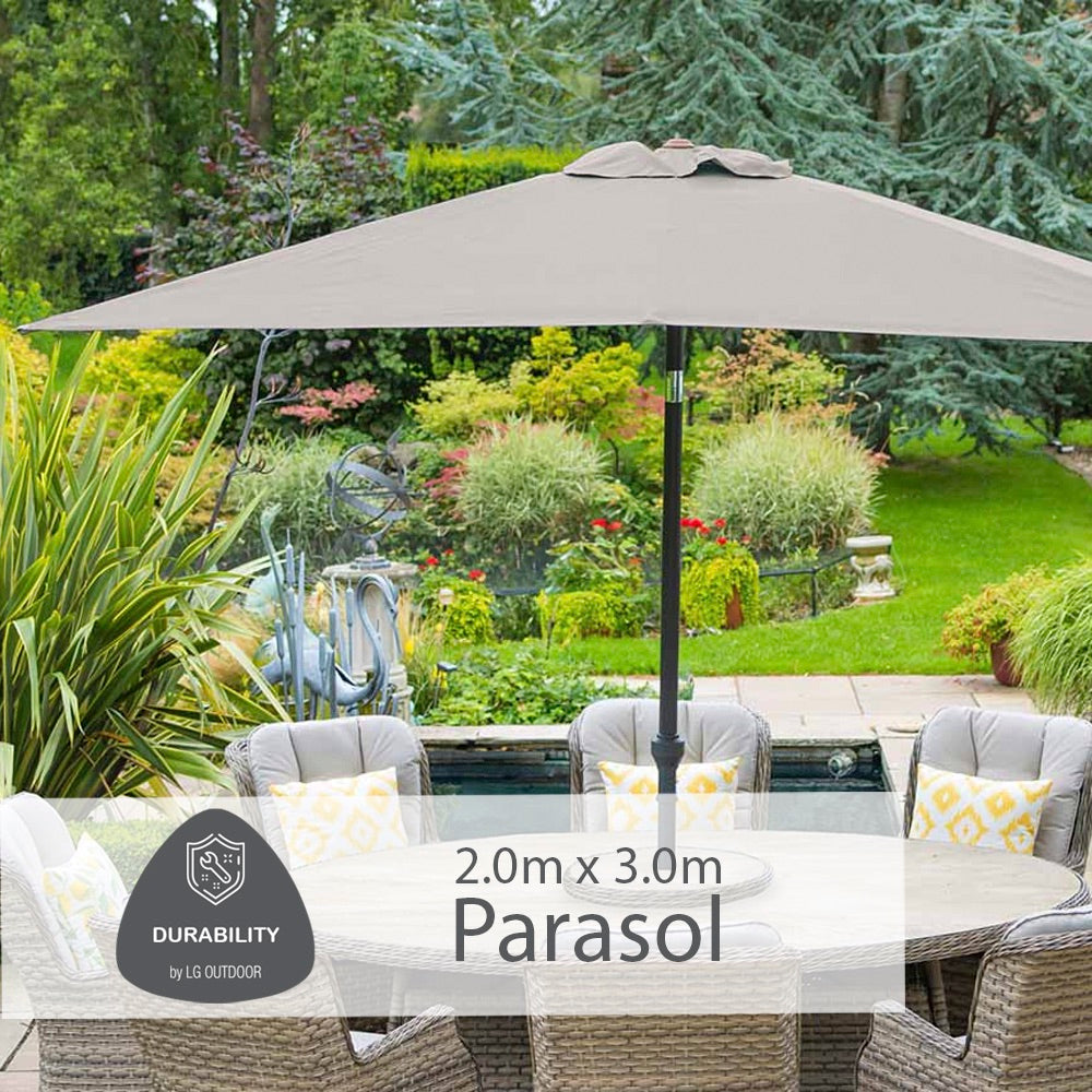 Florence 8 Seat Oval Dining Set with Weave Lazy Susan and Deluxe 2.0 x 3.0m Parasol
