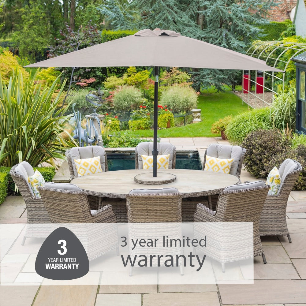 Florence 8 Seat Oval Dining Set with Weave Lazy Susan and Deluxe 2.0 x 3.0m Parasol