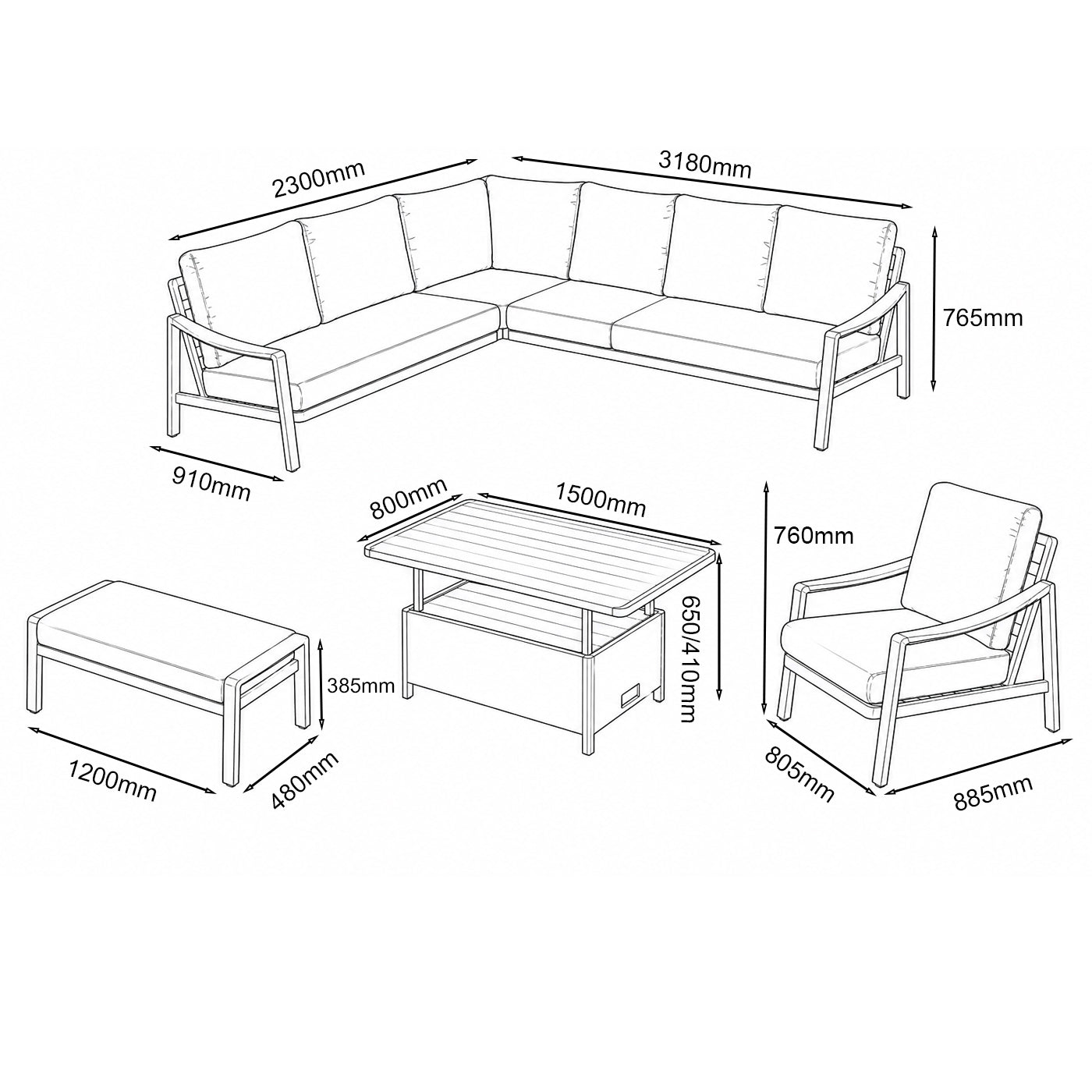 Lisbon Rectangular Modular Dining Set with Adjustable Table and Lounge Chair