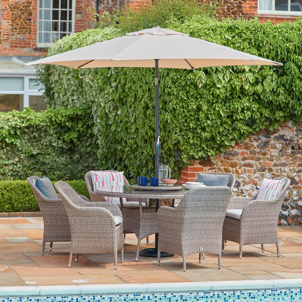 Monte Carlo Sand 6 Seat Dining Set with Weave Lazy Susan and 3.0m Parasol