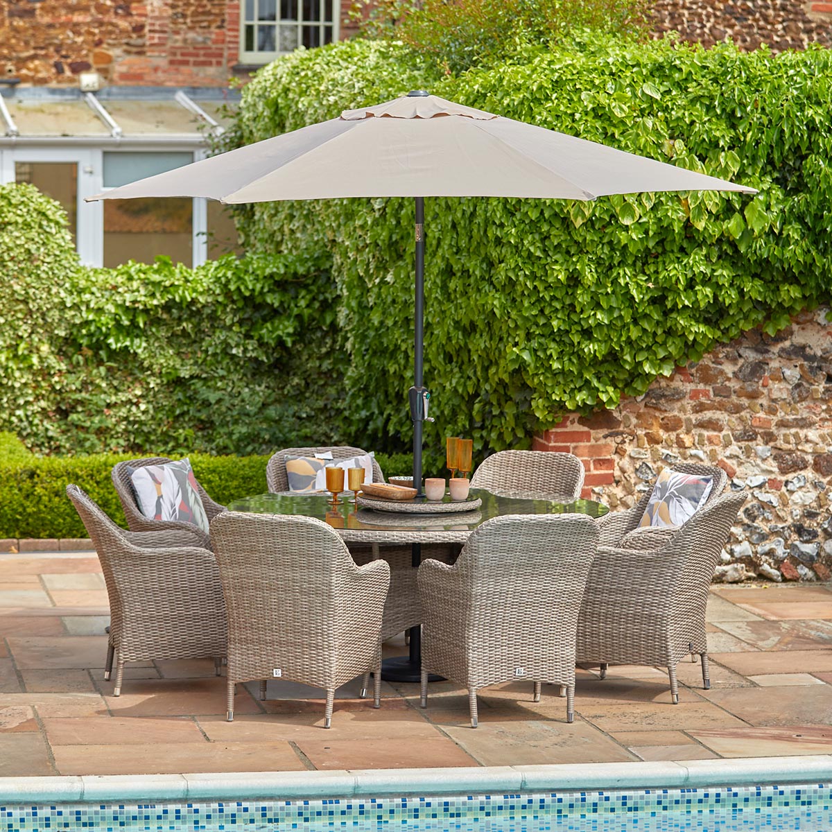 Monte Carlo Sand 8 Seat Dining Set with Weave Lazy Susan and 3.0m Parasol