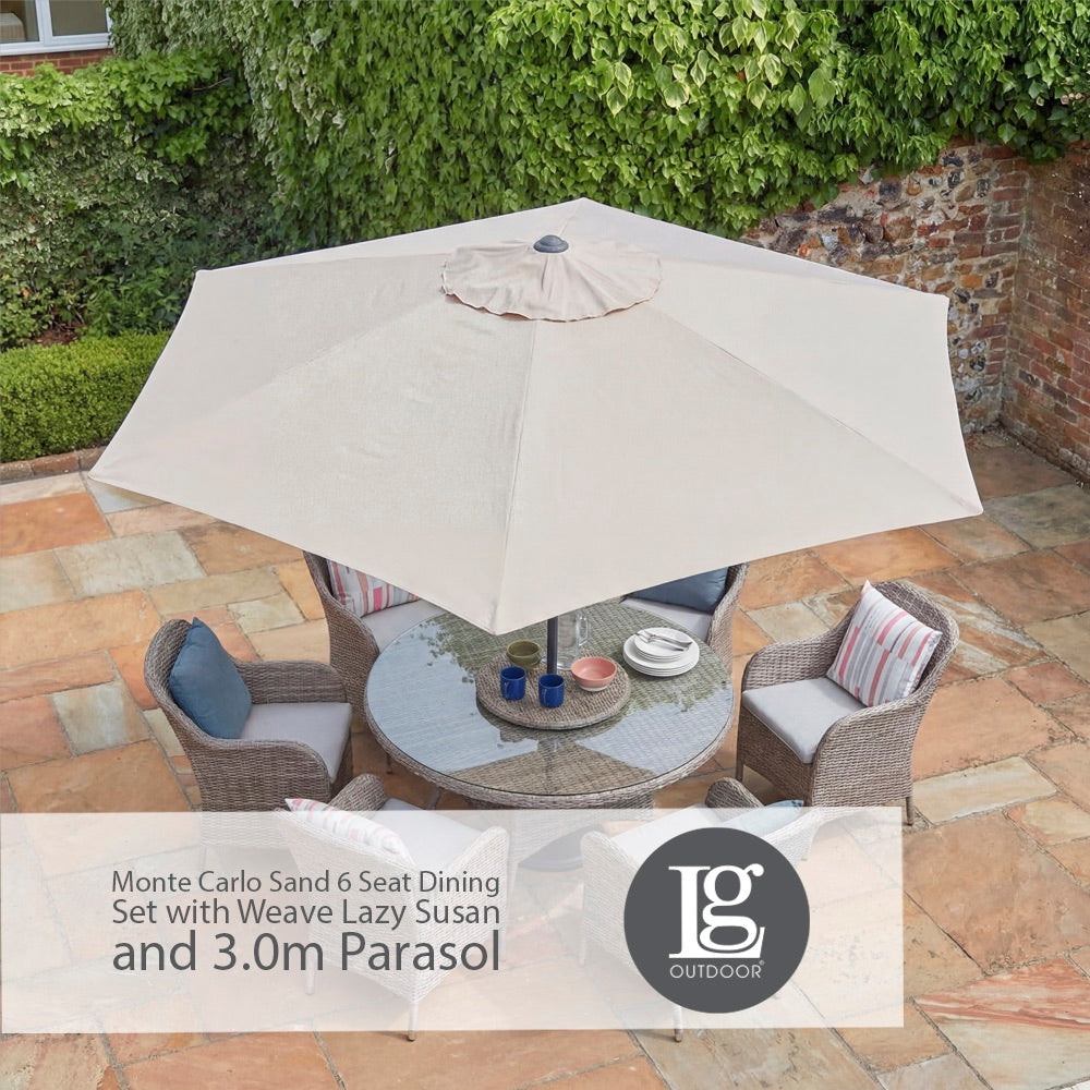 Monte Carlo Sand 6 Seat Dining Set with Weave Lazy Susan and 3.0m Parasol