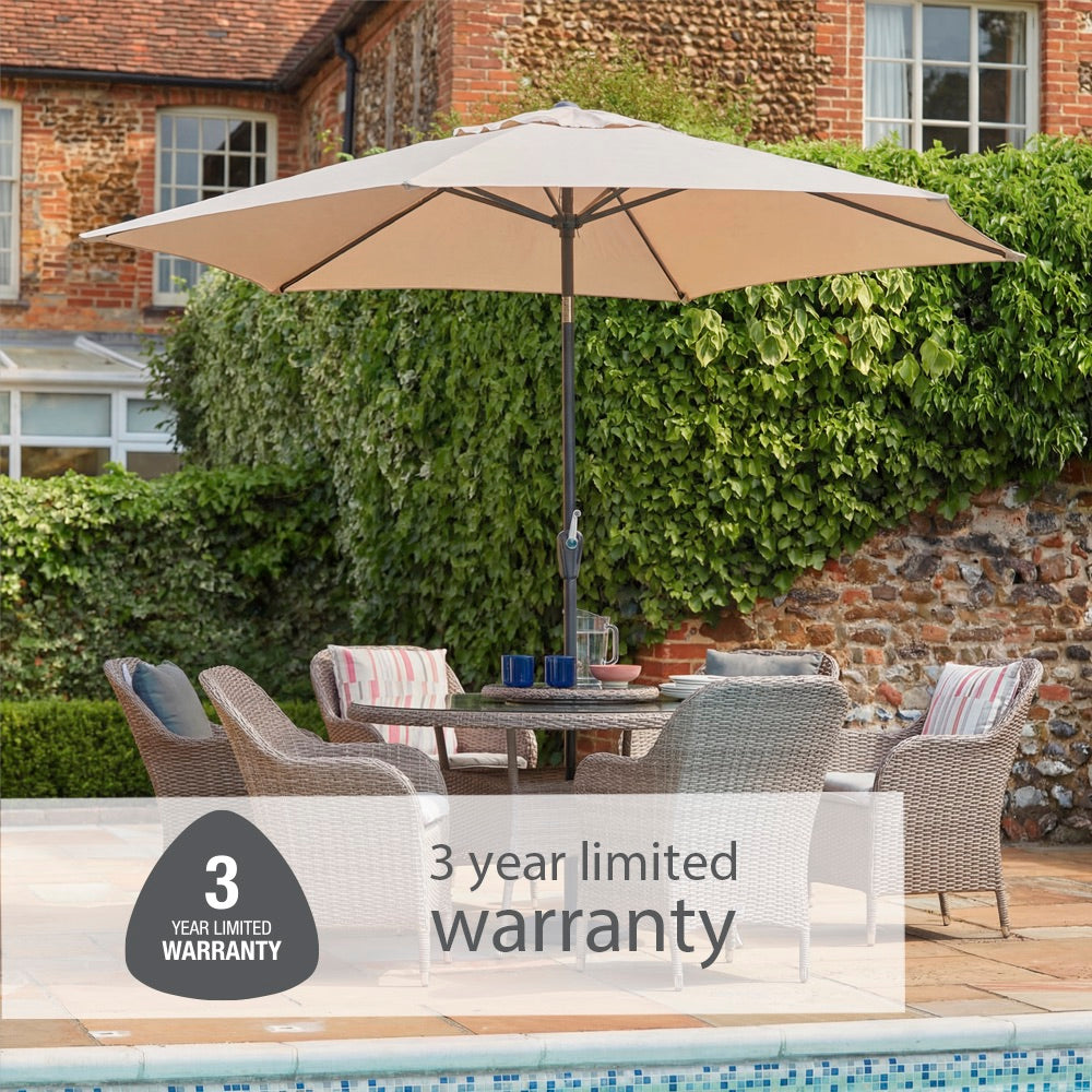Monte Carlo Sand 6 Seat Dining Set with Weave Lazy Susan and 3.0m Parasol