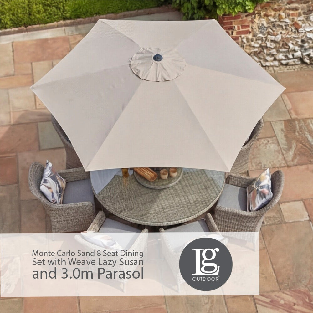 Monte Carlo Sand 8 Seat Dining Set with Weave Lazy Susan and 3.0m Parasol
