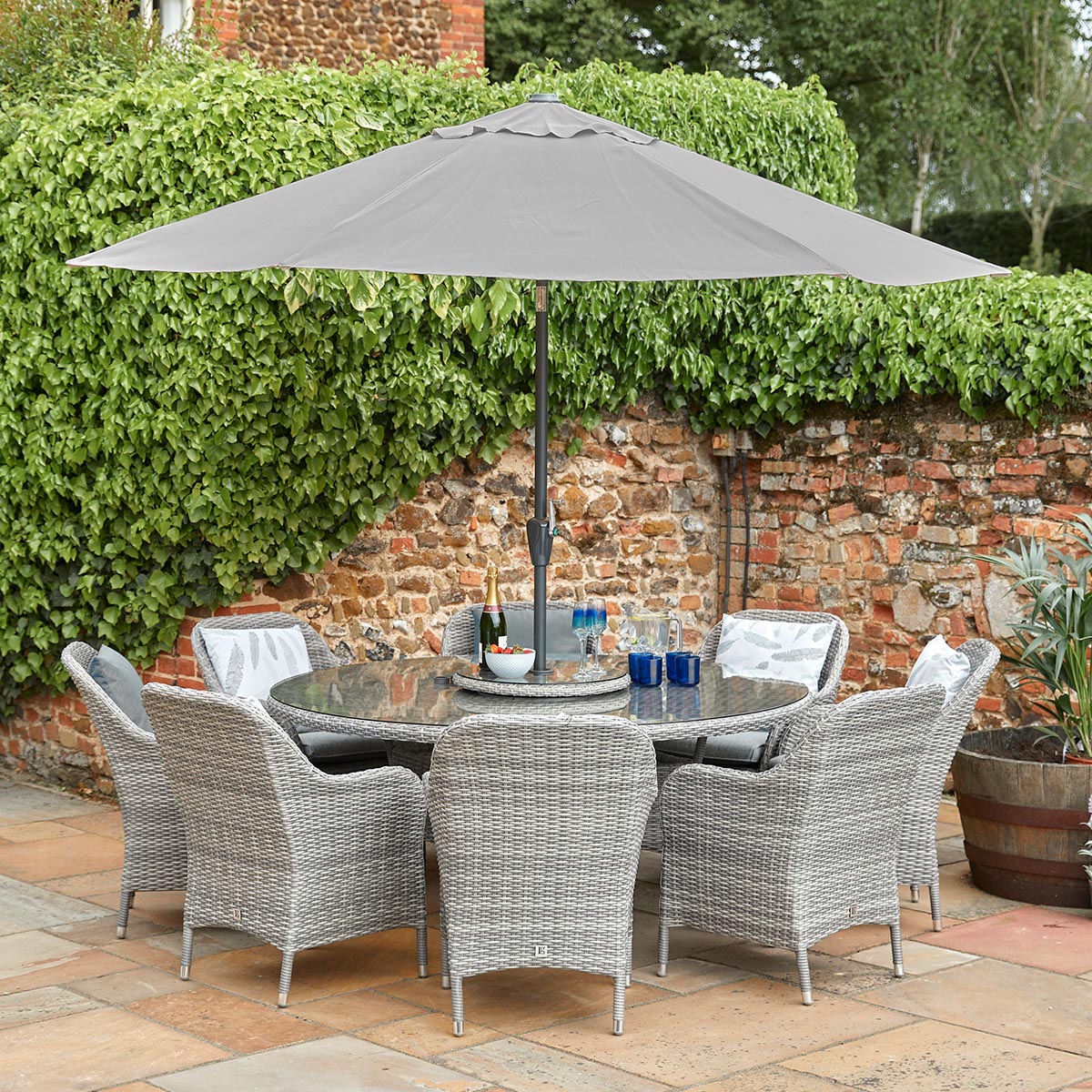 Monte Carlo Stone 8 Seat Dining Set with Weave Lazy Susan and 3.0m Parasol