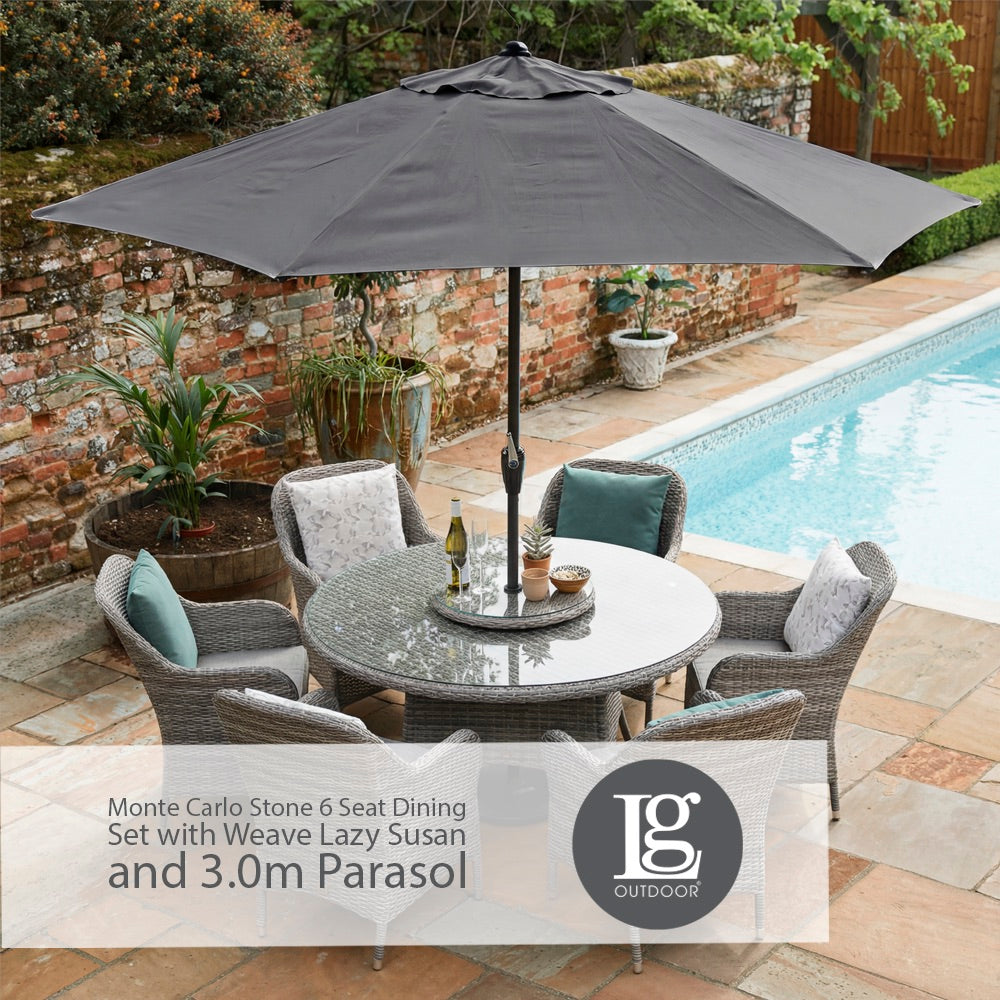 Monte Carlo Stone 6 Seat Dining Set with Weave Lazy Susan and 3.0m Parasol