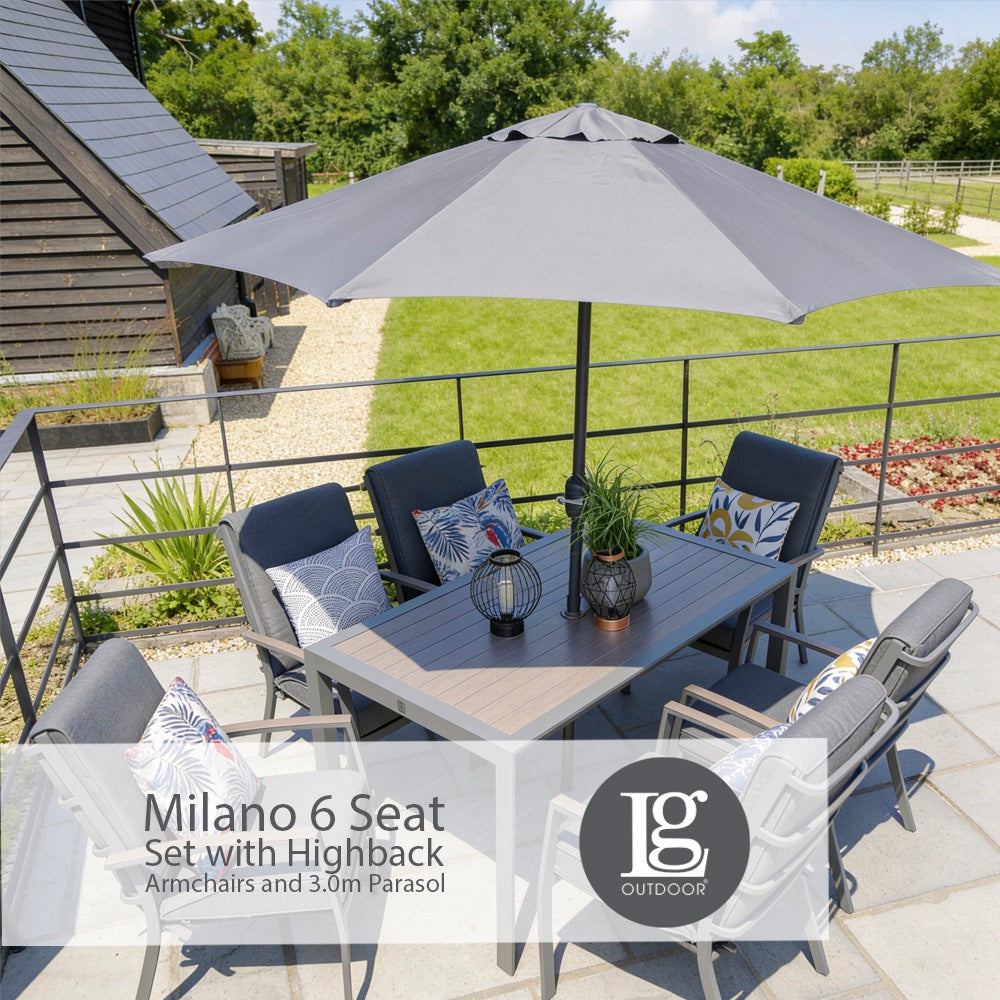 Milano 6 Seat Set with Highback Armchairs and 3.0m Parasol