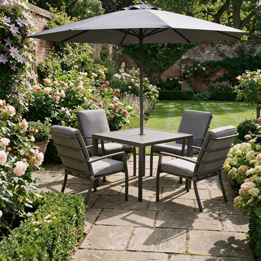 Milano Taupe 4 Seat Set with Highback Armchairs and 2.5m Parasol