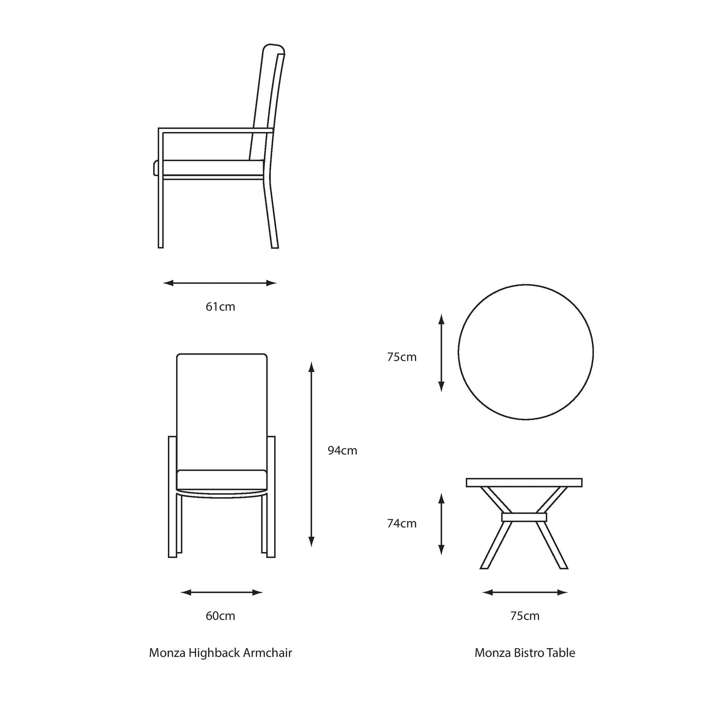 Monza Bistro Set with Highback Armchairs