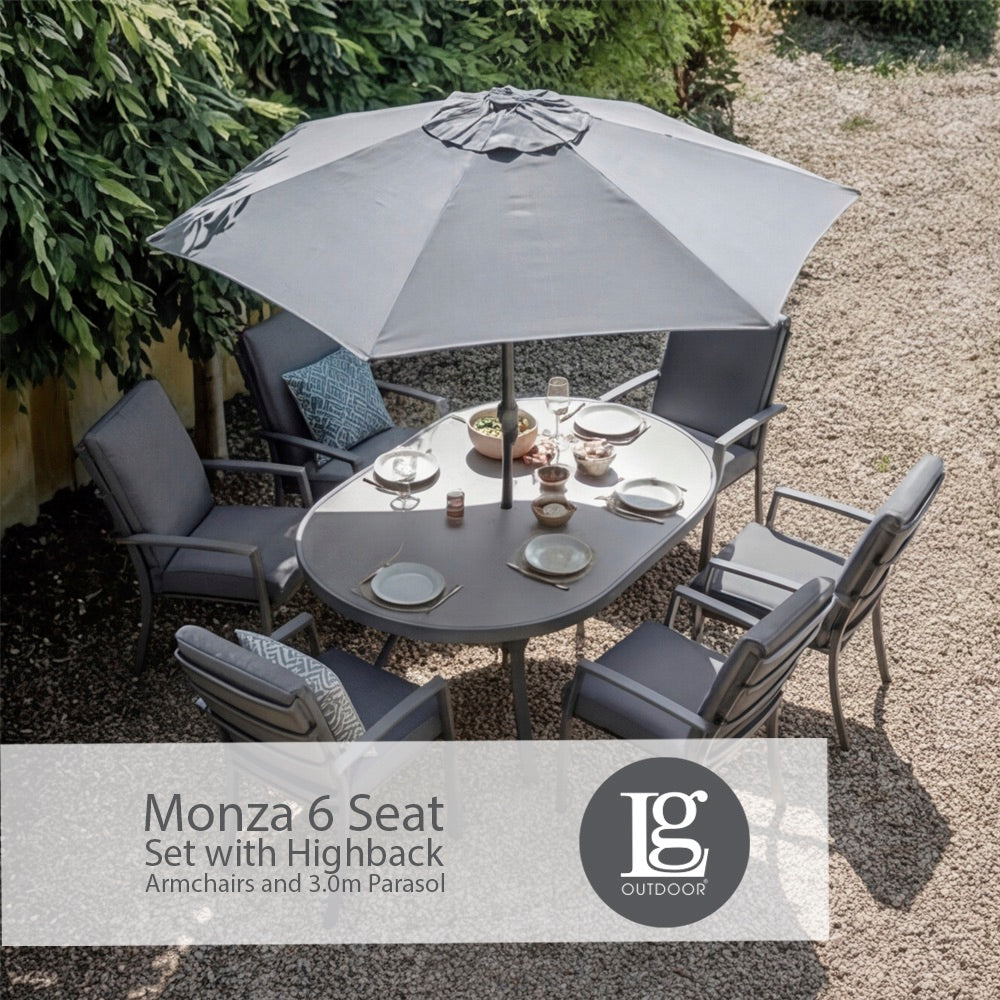 Monza 6 Seat Set with Highback Armchairs and 3.0m Parasol