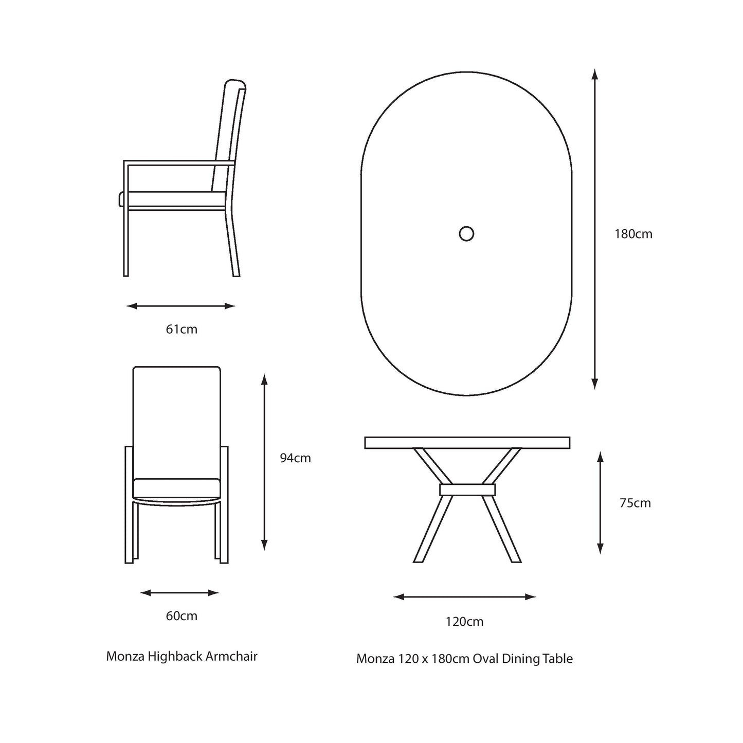 Monza 6 Seat Set with Highback Armchairs and 3.0m Parasol