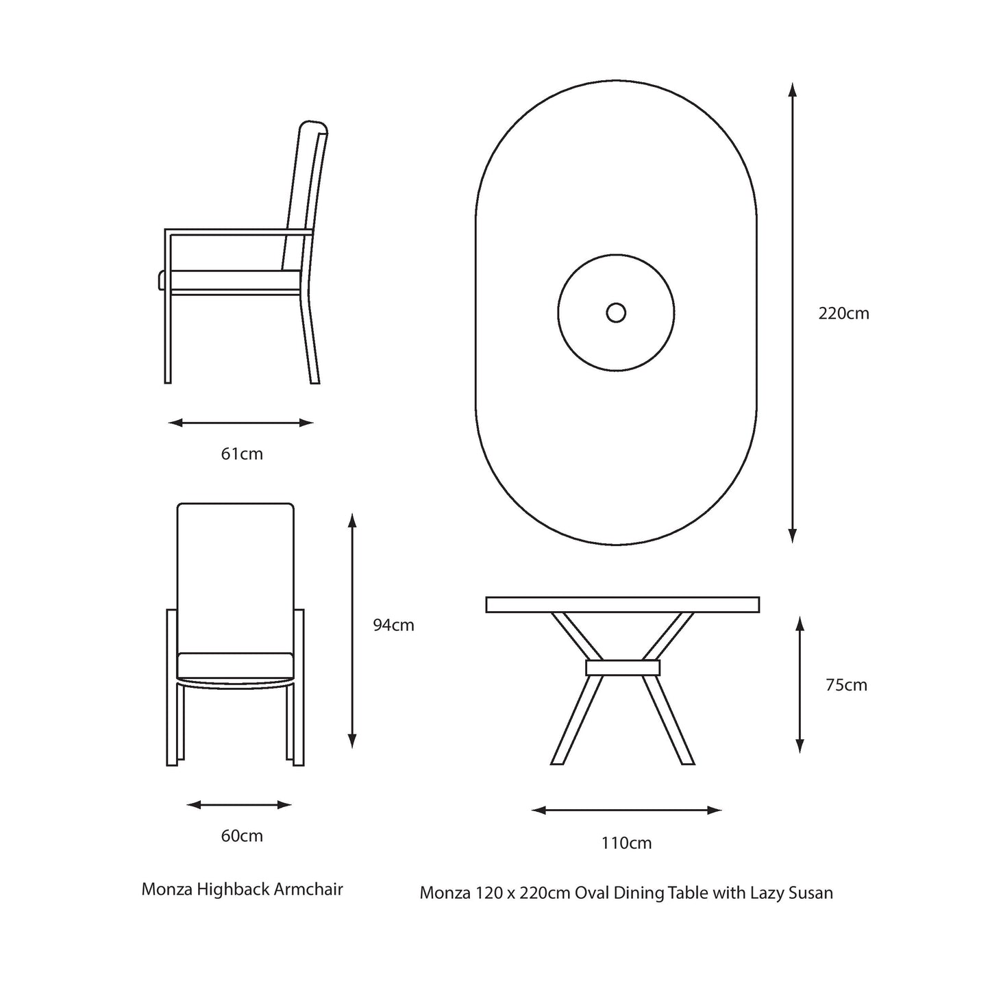 Monza 8 Seat Set with Lazy Susan, Highback Armchairs and 2.0 x 3.0m Parasol