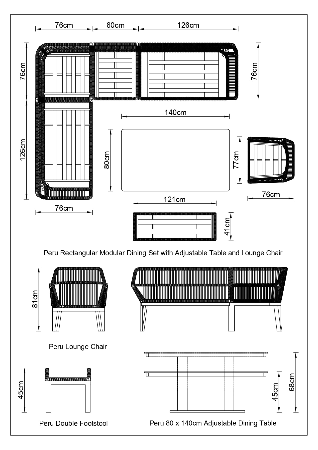 Peru Rectangular Modular Dining Set with Adjustable Table and Lounge Chair