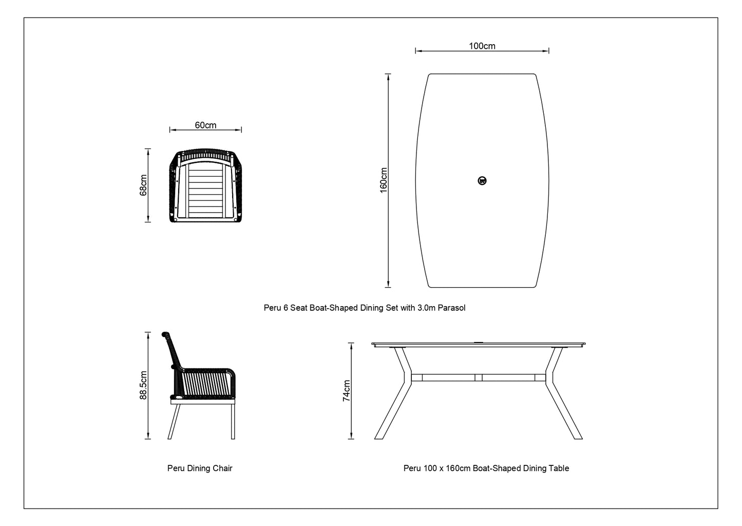 Peru 6 Seat Boat-Shaped Dining Set with 3.0m Parasol