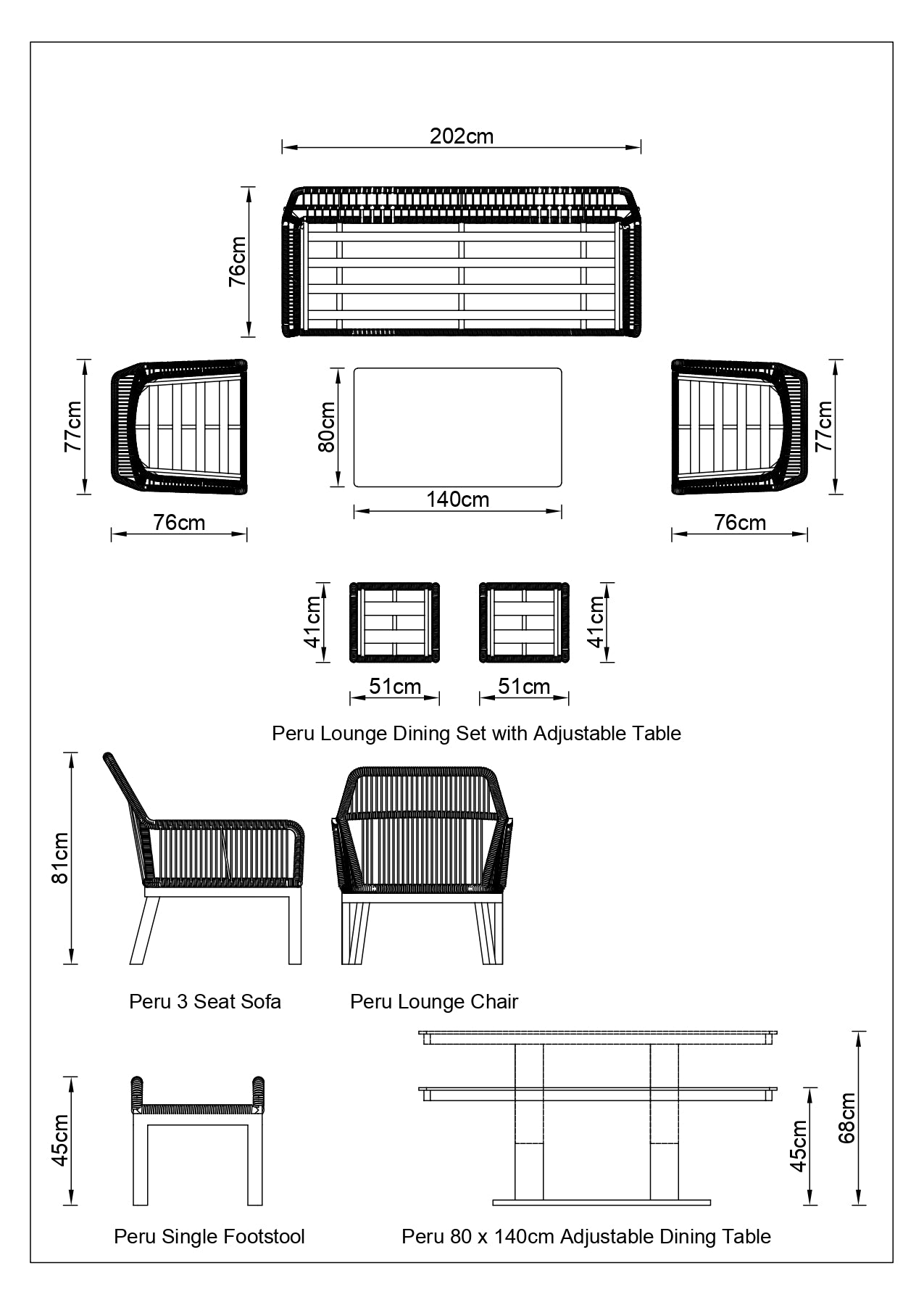 Peru Lounge Dining Set with Adjustable Table