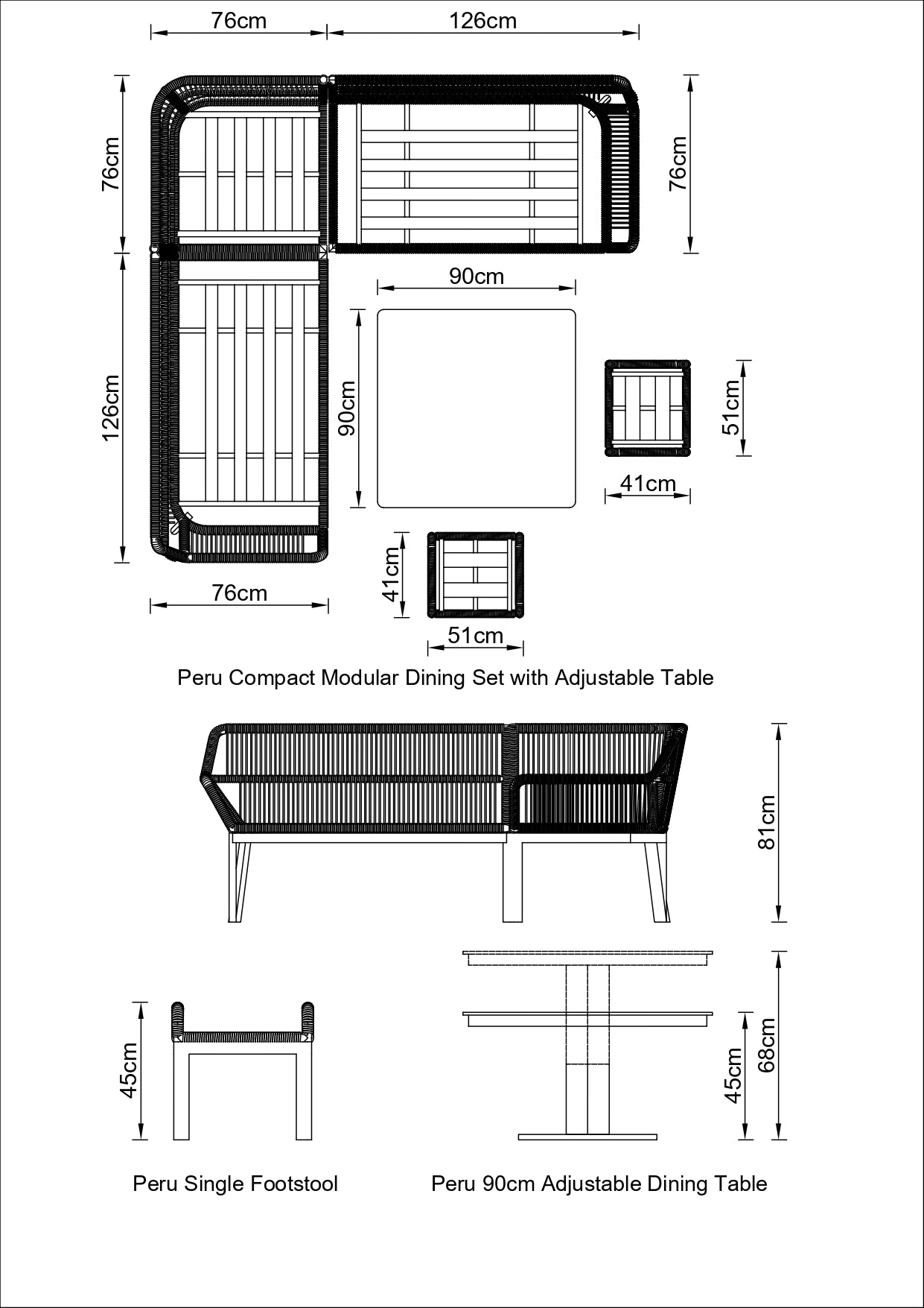 Peru Compact Modular Dining Set with Adjustable Table