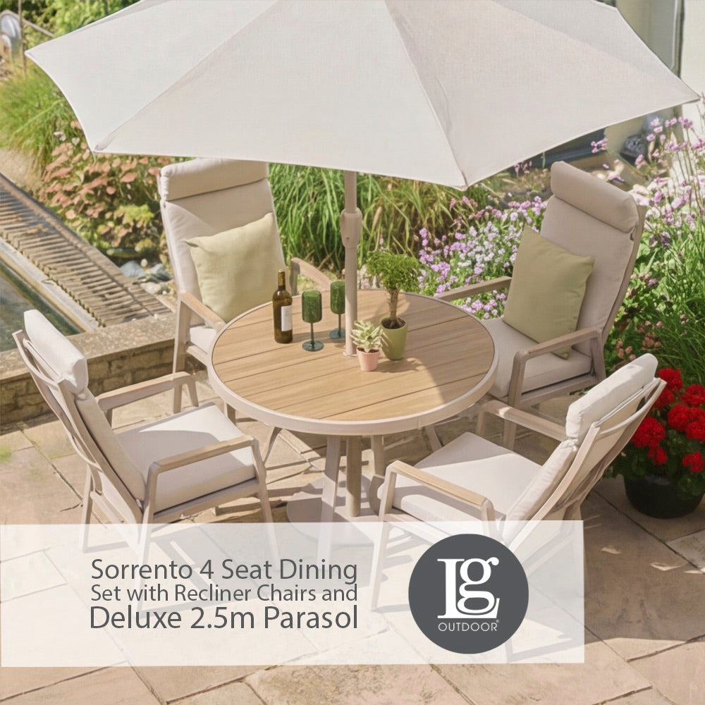 Sorrento 4 Seat Dining Set with Recliner Chairs and Deluxe 2.5m Parasol