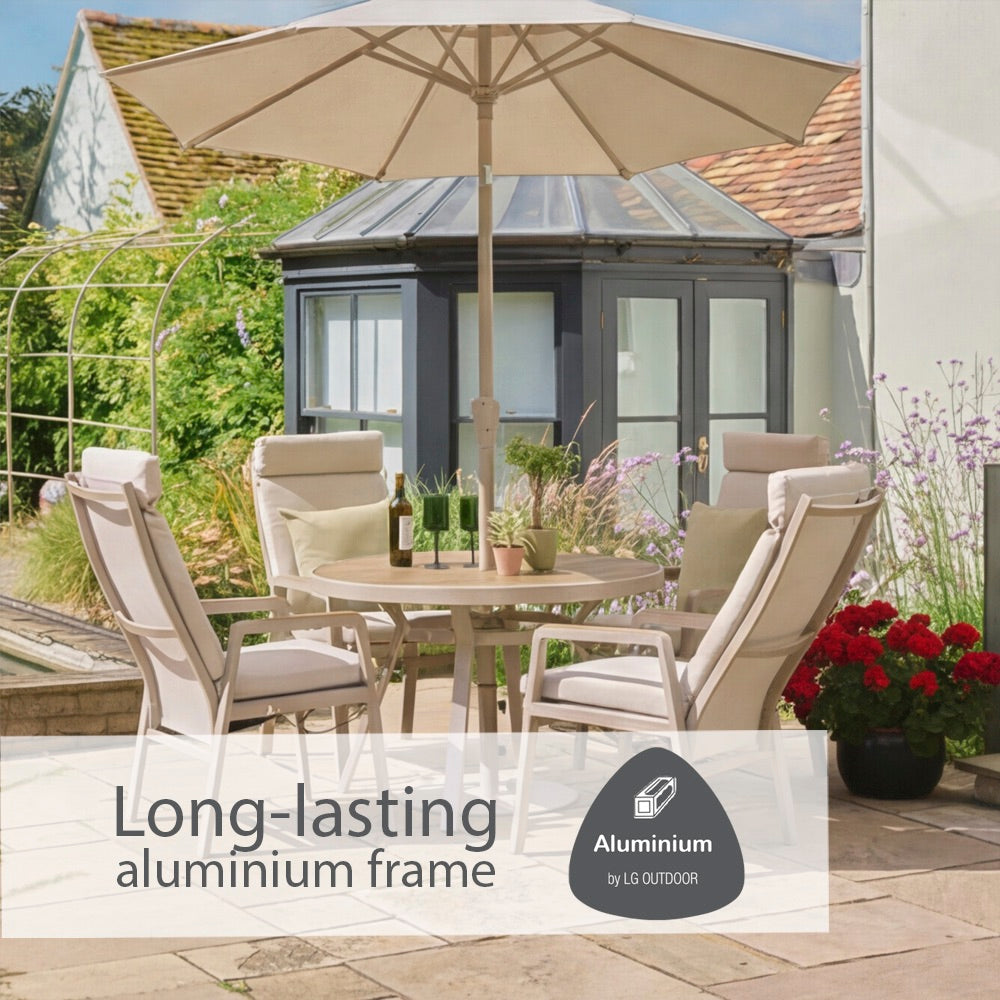 Sorrento 4 Seat Dining Set with Recliner Chairs and Deluxe 2.5m Parasol
